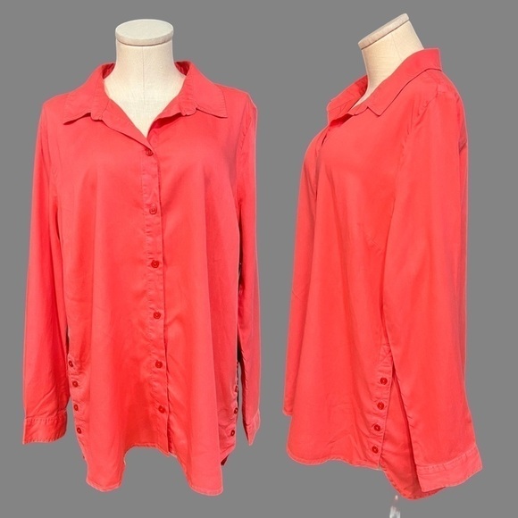 CROWN & IVY coral long sleeve flowy button down shirt with side buttons - Picture 1 of 13